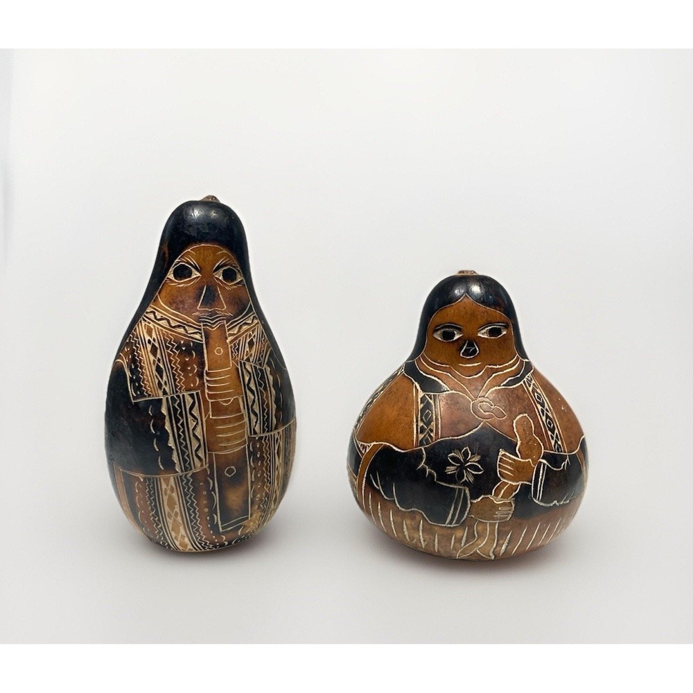 Peruvian Dried Gourd Hand Carved and Etched Set of 2 Hand Painted Folk Art